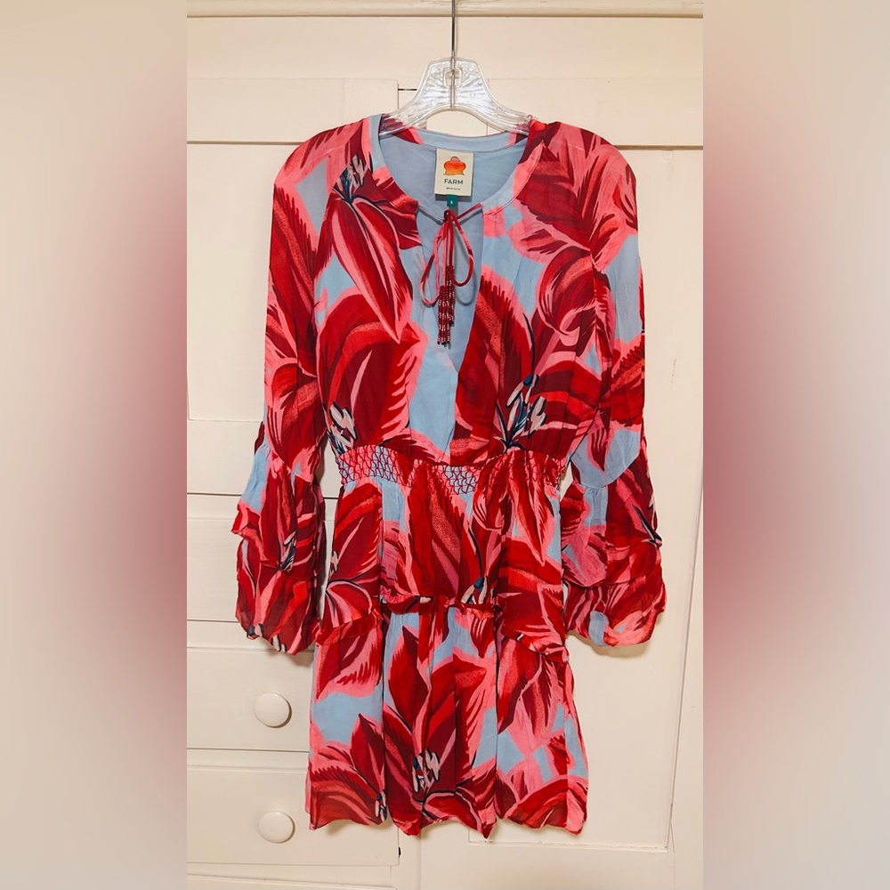 FARM Rio Red & Light Blue Floral Tiered Dress